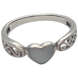 Adorable Vintage 925 Sterling Silver & MOP Heart Ring - Size 7 - Signed WS